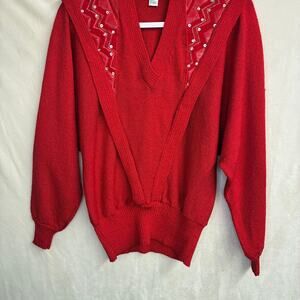 Vintage 80s Eric Steven Red Embellished V-Neck Sweater Shawl Yoke Women’s M